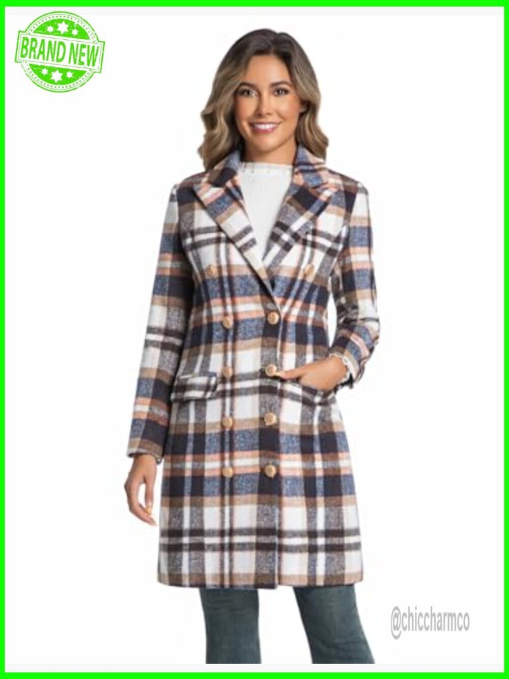 Long Plaid Wool Double Breasted Peacoat Notch Lapel Trench Fall Winter - Picture 5 of 5